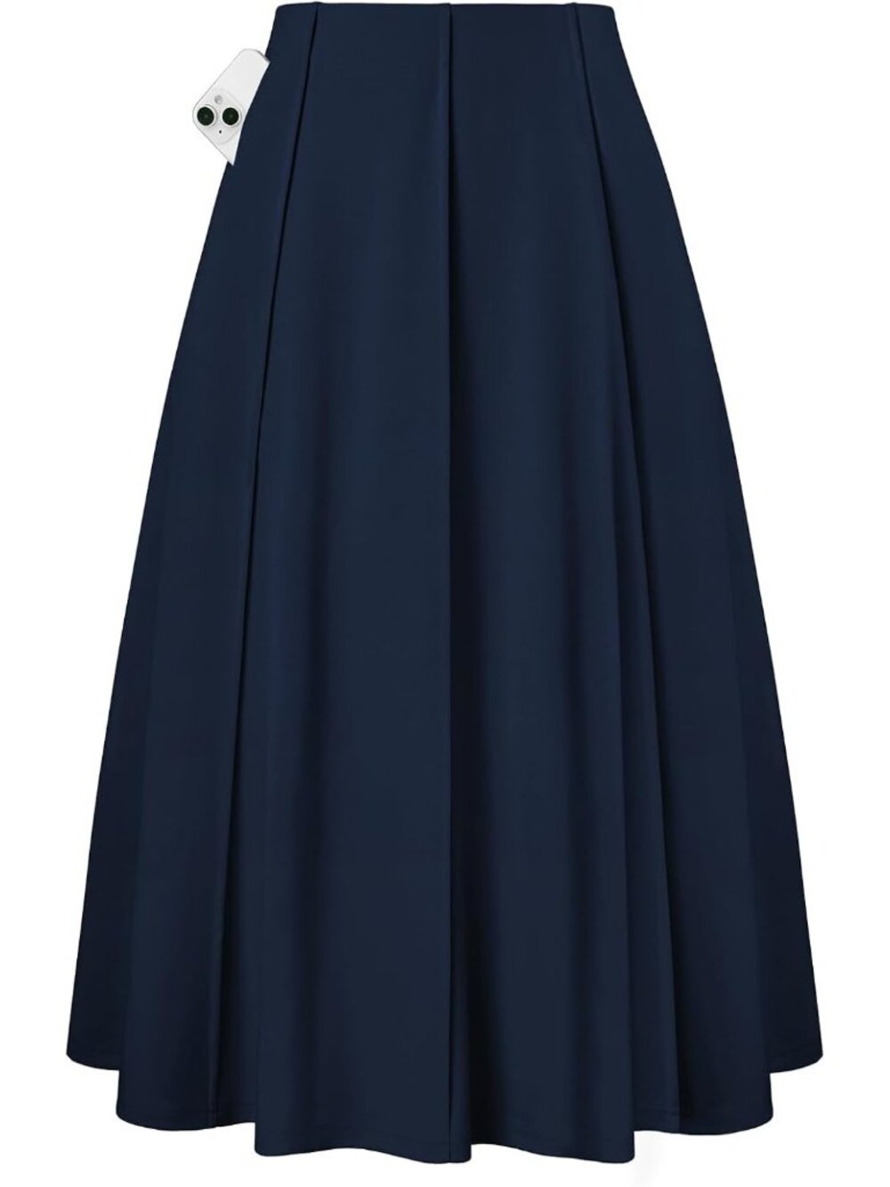 Women's Navy Panel-pleated High-waisted Deep Side Pockets A Line Flowy Skirt